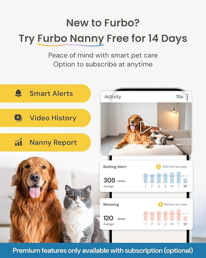 Furbo 360° Cat Camera: Pet Security Cam w/Meowing Alerts, Rotating View, Treat Toss w/Phone App, Smart Home Kitty Monitoring, 2-Way Speaker, No Subscription Needed. Standard See, Talk, & Toss Features