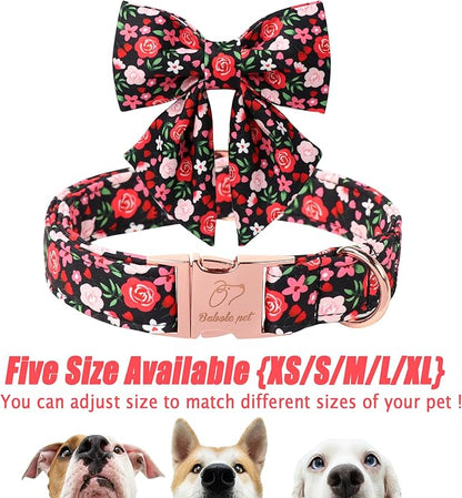 Floral Dog Collar with Lady Bow - Rose Red Wild Flowers Pattern Bowtie Puppy Collar, Adjustable Winter Heavy Duty Dog Collars for Small Medium Large Dogs XL