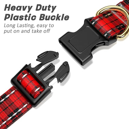 Reflective Dog Collar for Large Dogs, Cute Boho Adjustable Heavy-Duty Nylon Puppy Collar for Boy and Girl Female, Soft Pet Accessories with Quick Release Buckle, Black Red Tartan