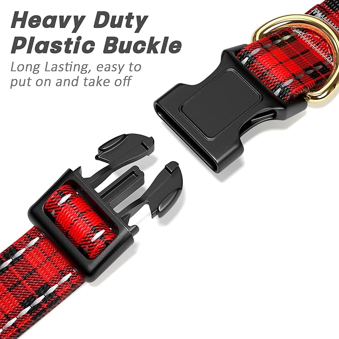 Reflective Dog Collar for Extra Small Dogs, Cute Boho Adjustable Heavy-Duty Nylon Puppy Collar for Boy and Girl Female, Soft Pet Accessories with Quick Release Buckle, Black Red Tartan