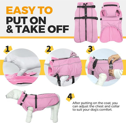 Lelepet Waterproof Dog Jacket with Harness Built in Warm Dog Winter Coat, Reflective Jacket Fleece Jacket, Windproof Dogs Coats for Small Dogs, Thermal Pet Snowsuit for Cold Weather, Yorkshire, Pink S