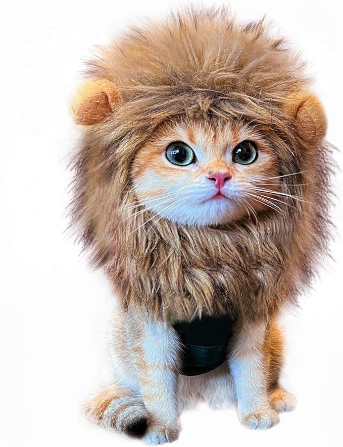 RosyLife Lion Mane Wig for Cat Costume Pet Adjustable Washable Comfortable Fancy Lion Hair Cat Clothes Dress for Halloween Christmas Easter Festival Party Activity (Brown)