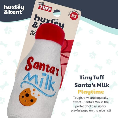 Huxley & Kent Funny Dog Toy w/Squeaker – Holiday Power Plush Squeaky Dog Toys for Small Dogs – Durable Small Stuffed Animal for Indoor Play & Fetch - Tiny Tuff Santa's Milk