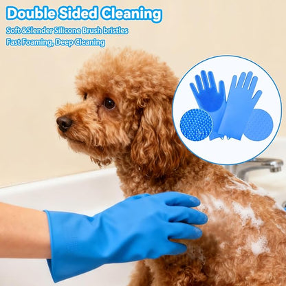 6PCS Pet Grooming Kit for Dogs, Dog Washing Gloves with High-Density Teeth, Dog Bath Brush & Silicone Heat Resistant Cleaning Gloves, Pet Hair Removal Glove for Dogs & Cats, (Navy Blue)