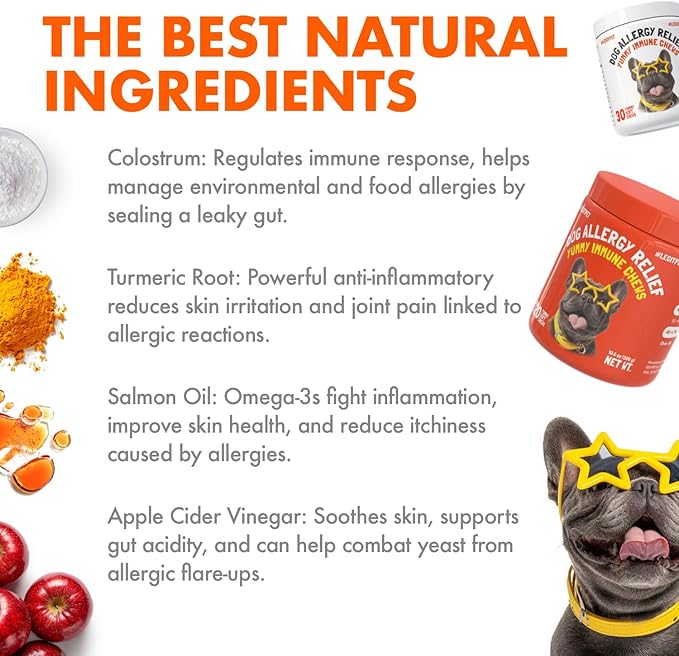 Allergy Relief Chews for Dogs & Immune & Digestive Supplement with Wild Salmon Oil Kelp Colostrum Turmeric Probiotics & Bee Pollen for Seasonal Allergies Anti Itch, Skin Hot Spots 30 Soft Treats