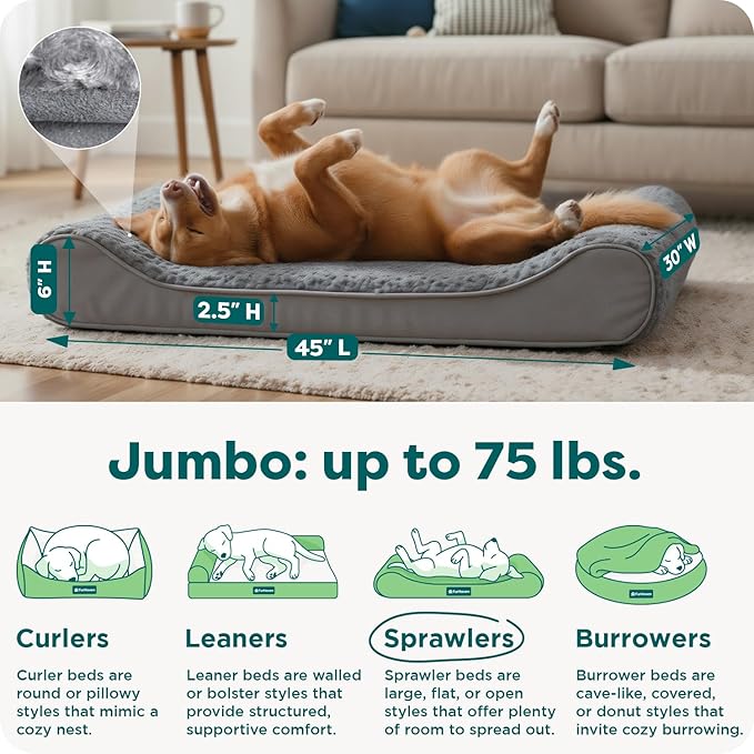 FurHaven Orthopedic Dog Bed for Large Dogs, Luxe Lounger Contour Mattress with Solid Orthopedic Foam Slab for Joint Support, Removable Washable Cover, Jumbo XL, Plush Suede, Gray