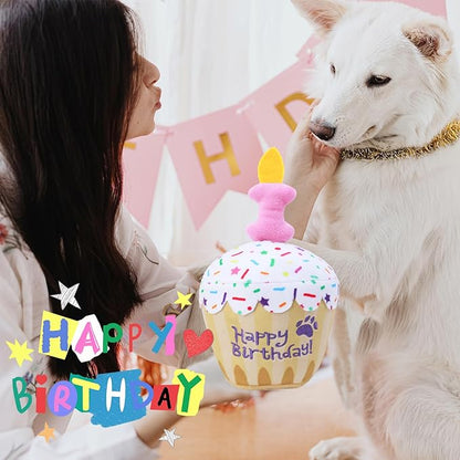 MRSOHRET Dog Birthday Toy, Birthday Cake Plush Squeak Dog Toys for Puppy Gifts, Unique Bone Candle Design, Dogs Party Decor