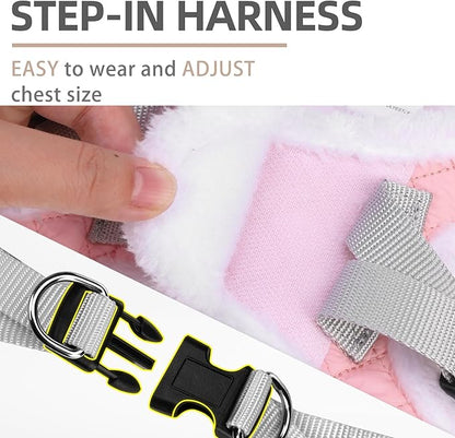 PUPTECK Plush Dog Harness and Leash Set for Small Medium Dogs No Pull Step-in Soft Mesh Puppy Cat Winter Vest Harnesses Reflective at Night Warm, Plush Pink, S