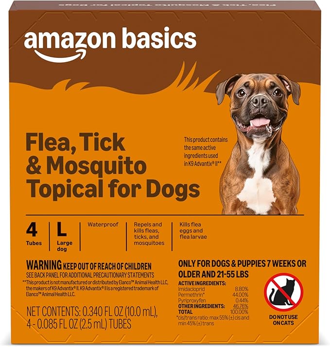 Amazon Basics Preventative Flea, Tick & Mosquito Topical Treatment for Large Dogs (21-55 Pounds), 4 Count, Packaging May Vary