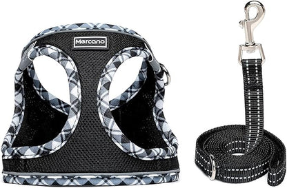 Mercano Soft Mesh Dog Harness and Leash Set, No-Chock Step-in Reflective Breathable Lightweight Easy Walk Vest Harnesses with Safety Buckle for Small Dogs, Cats (Black White, S)