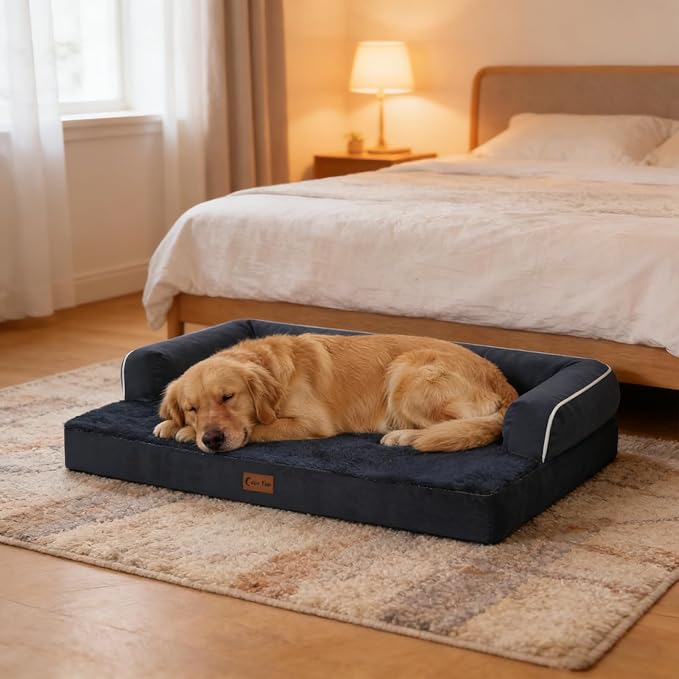 Casa Paw Orthopedic Dog Beds for Extra Large Dogs, Waterproof Egg Crate Foam XL Dog Bed with Sides 41x27Inch, Washable Big Dogs Couch Beds with Removable Cover and Nonskid Bottom, Navy Blue