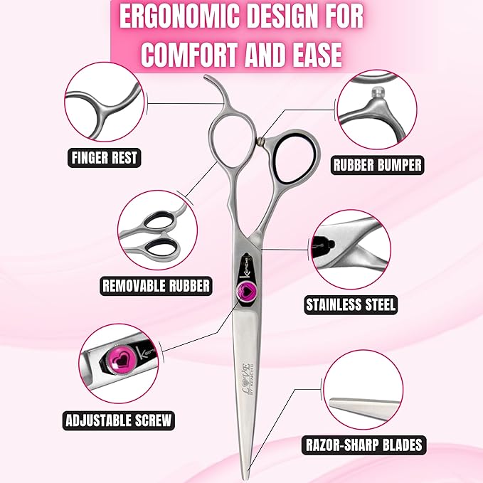 Kenchii Love Dog Grooming Scissors, 7 Inch Straight Shears, Dog Scissors for Grooming, Professional Pet Grooming Scissors, Ergonomic & Comfortable