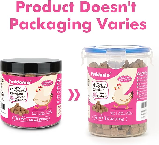 Puddonio Freeze Dried Cats & Dogs Raw Treats, All Natural Single Ingredient Chicken Liver, High Protein Healthy Pet Training Treats or Food Topper, 3.5 oz