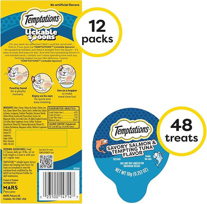 Temptations Lickable Spoons Adult Wet Cat Treat, Savory Salmon and Tempting Tuna Flavor, 4 Spoons, Pack of 12 (48 Total Treats)