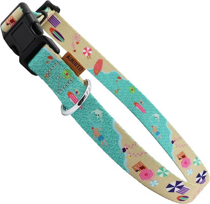 Dog Collar, Cute Holiday in Beach Pattern, Soft and Adjustable Collar with Quick Release Buckle (S (Neck 11-18", Width 5/8"), Beach Green)