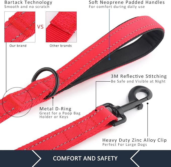 Plutus Pet Double Handle Dog Leash, 6ft, Padded, Heavy Duty, Reflective, Red, 2 Handle Leads