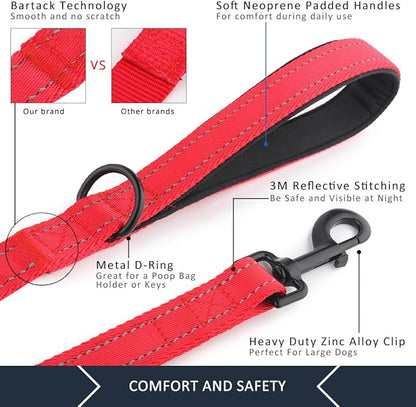 Plutus Pet Double Handle Dog Leash 5ft, Heavy Duty, Reflective Dual Handle Dog Leash for Safety Training, for Medium Large Dogs,2 Handle Leads(Red)