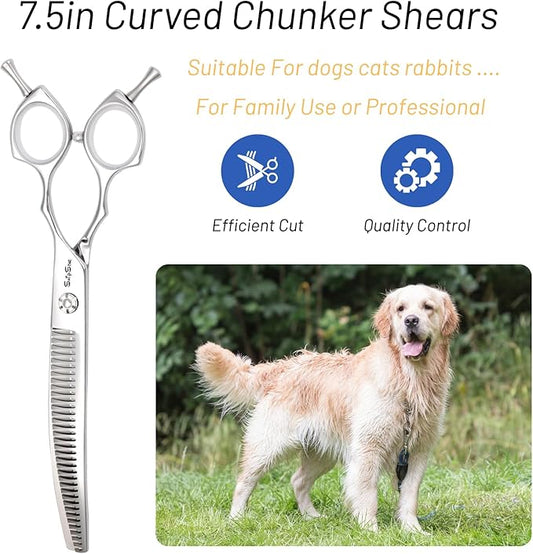 7.5in Curved Chunker Dog Grooming Scissors, 35 Teeth Professional Dog Cutting Scissors, 25 Degree Bend High-end Shears for Pet Groomers or Family Use, with Symmetric Handle, Thinning Rate 65%, Silver