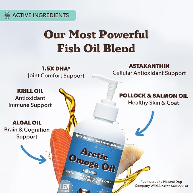 Natural Dog Company Arctic Omega Oil for Dogs – Salmon, Pollock, Krill & Algal, DHA Supports Skin & Coat, Joint Mobility, Cognitive Health & Immune Wellness, Liquid Fish Oil Pump,16 oz
