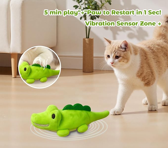 ZeLing HTL Interactive Cat Toys for Indoor Cats - Self-Charging Croc Chase Toy with 360° Motion, Wagging Tail & Catnip, Automatic Exercise Toy for Bored Kittens/Adults(Smooth Fur)