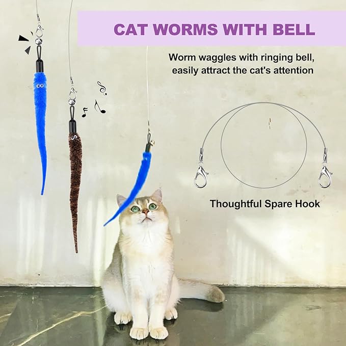 Cat Toys for Indoor Cats, 11PCS Interactive Cat Toy Wand Pack, 2 Retractable Cat Wand & 7PCS Worm Teaser Refills, Plush Fish Kitten Toys, Cat Feather Fishing Pole Toy for Play Chase Exercise