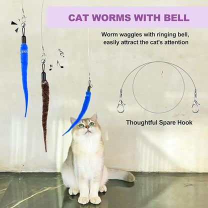 Cat Toys for Indoor Cats, 11PCS Interactive Cat Toy Wand Pack, 2 Retractable Cat Wand & 7PCS Worm Teaser Refills, Plush Fish Kitten Toys, Cat Feather Fishing Pole Toy for Play Chase Exercise