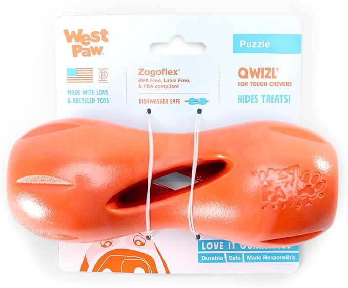 West Paw Qwizl Treat Dispensing Dog Toy for Tough Chewers- Durable Long Lasting Chew and Fetch Toy Keeps Dogs Engaged- Dishwasher Safe Safe Materials Made in USA - Cardinal Red, Large