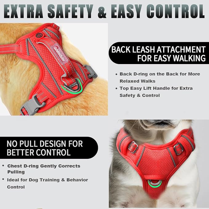 BARKBAY No Pull Dog Harness Large Reflective Dog Harness with Front Clip and Easy Control Handle for Walking Training Running with ID tag Pocket(Red,XS)