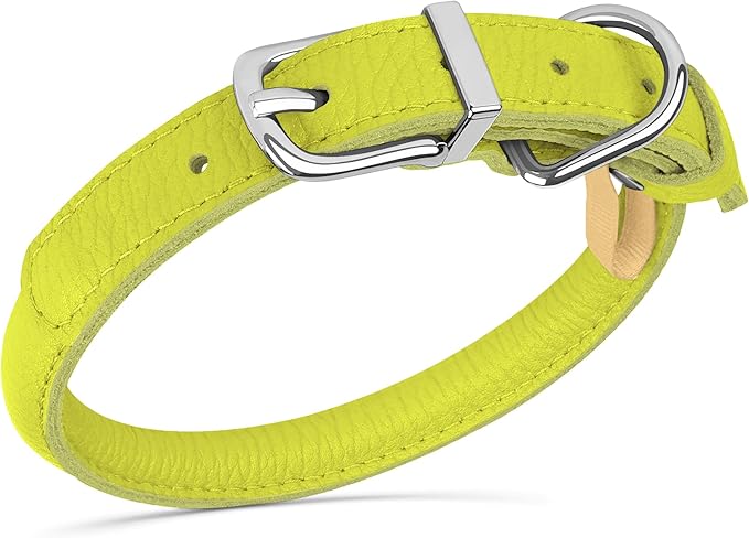 OOPSDOGGY Rolled Leather Dog Collar Soft Roll Collars for Small Medium Large Dogs Puppy (Lime Green, XXS, 7"-9")