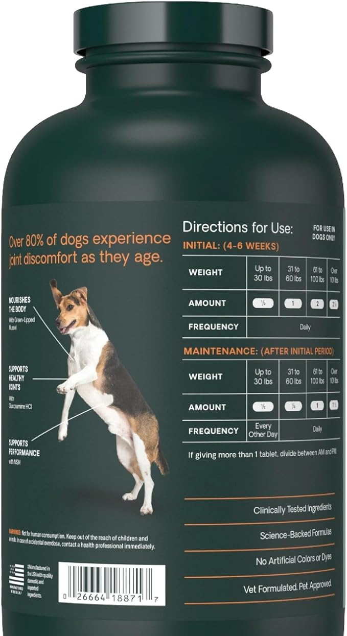 VetriScience Extra Strength Healthy Hip & Joint Chewable Tablets, GlycoFlex Glucosamine and Green-Lipped Mussel Joint Support Supplement for Dogs, Soothe Joint Discomfort, Chicken, 120 Count