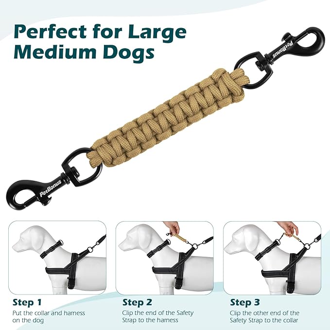 PetBonus Dog Collar Safety Clip, Handmade Backup Safety Strap for Dog Harness, Prong, Pinch Collar, Double Ended Clasp Leash Connector (Tan)