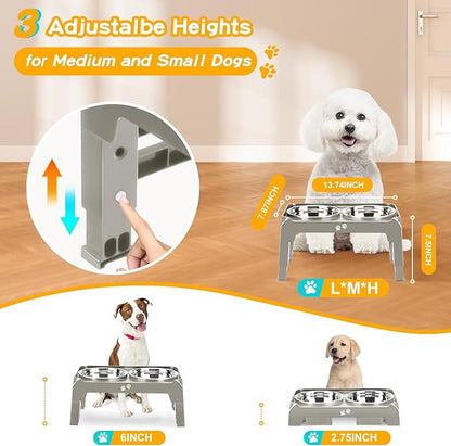 Elevated Dog Bowls for Small Dogs 3 Height Adjustable Raised Dog Bowl Stand with 25oz Stainless Steel Food Bowls Anti-Slip Small Dogs Feeder Adjusts to 7.5", 6", 2.75", Light Brownish Gray