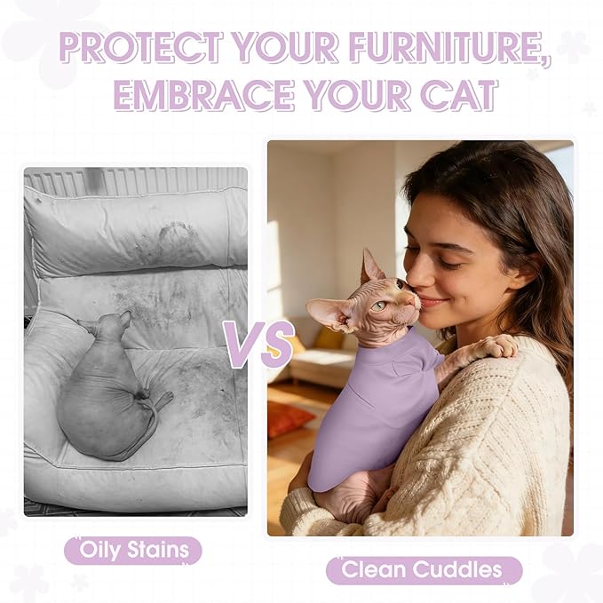 OUOBOB Sphynx Hairless Cat Clothes, Soft Cotton Pullover Turtleneck Shirt with Sleeves for Kitten Puppy Small Dogs, Cat Pajamas for All-Season - Purple XS