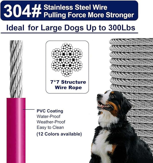 Tie Out Cable for Large Dog Runner for Yard, Pet Run Leash Heavy Duty Swivel Hooks Lead Holds Break Strength of 1000lbs, Steel Wire Dog Chain Leash Cable for Yard (Magenta 35FT)
