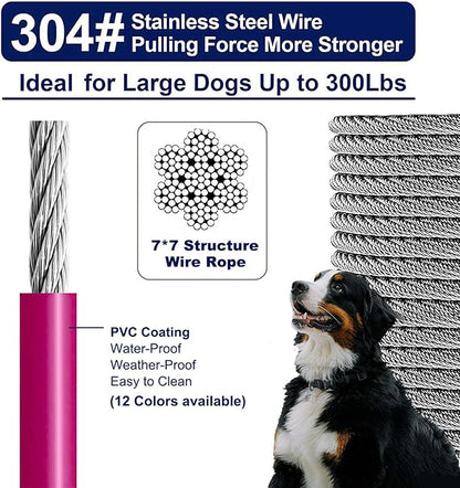 Tie Out Cable for Large Dog Runner for Yard, Pet Run Leash Heavy Duty Swivel Hooks Lead Holds Break Strength of 1000lbs, Steel Wire Dog Chain Leash Cable for Yard (Magenta 25FT)