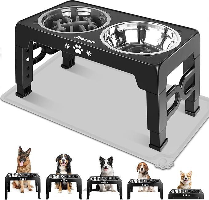 Elevated Dog Bowls, Dog Feeder with 1*Stainless Steel Dishes & 1*Slow Feeder Bowl, 5 Heights Adjustable Raised Stand for Medium Large, Food Dishes with Non-Slip Feet