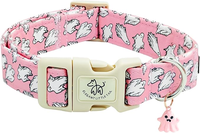 Elegant little tail Halloween Dog Collar, Ghosts Print Pink Halloween Pet Collars Cotton Soft Sturdy Puppy Collars Holiday Female Adjustable Collar for Small Dogs