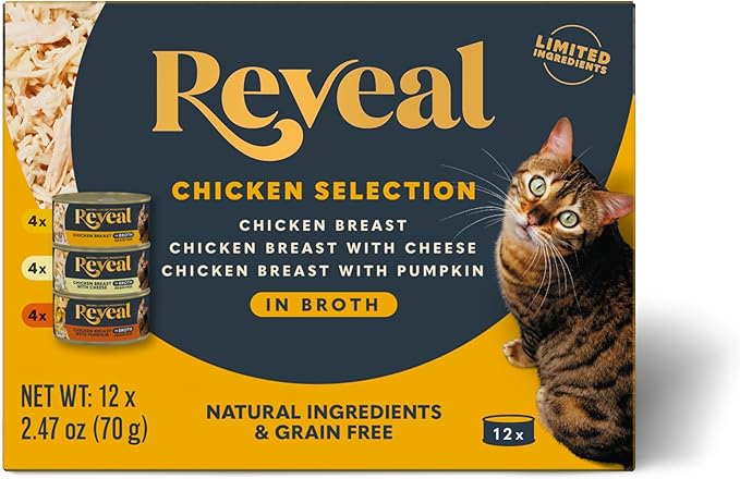 Reveal Natural Wet Canned Cat Food, 3-Flavor Variety Pack, Limited Ingredient, Grain Free, High Protein with No Artificial Additives, Chicken Variety in Broth, (12x 2.47 oz Cans)