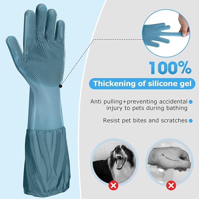 Senquoyn Dog Washing Gloves | Pet Grooming Gloves | Extra Long Arms (17.3") for Cats & Dogs | Massage & Hair Removal Pet Glove (Hazy Blue)