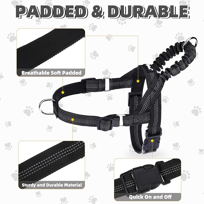 PUPTECK No Pull Dog Harness for Large Dogs, Adjustable Reflective Pet Vest Harness with Bungee Handle, Escape Proof No Choke Harness for Large Dogs Walking Training, Black L