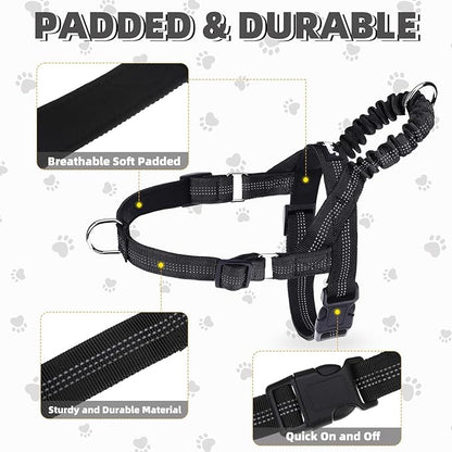 PUPTECK No Pull Dog Harness for Large Dogs, Adjustable Reflective Pet Vest Harness with Bungee Handle, Escape Proof No Choke Harness for Large Dogs Walking Training, Black L