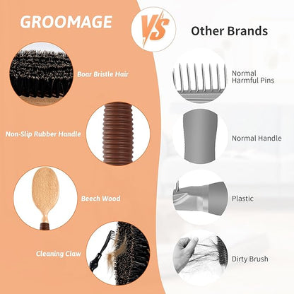 GROOMAGE Boar Bristle Pet Brush for Short Haired Dogs and Cats, Dog Cast Hair Brush for Shedding with Beech Wood Handle and Non-Slip Rubber