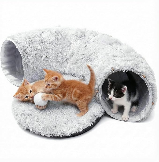 Large Donut Cat Tunnel Bed - Soft Plush Cat Cave & Peekaboo Hiding Spot, 3-in-1 Indoor Cat Playground Toy for Kittens/Adult Cats, Festive Christmas Pet Gift