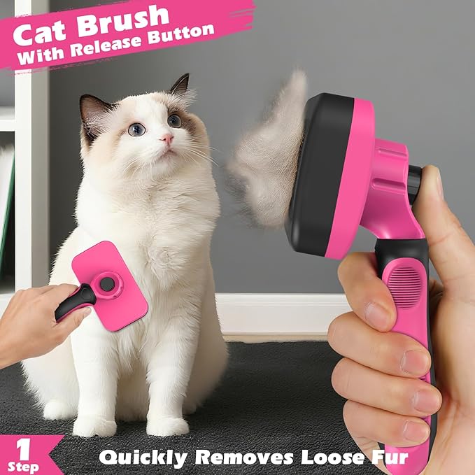 Comotech 3PCS Cat Grooming Supplies,Cat Brush & Nail Clipper/Trimmer & Flea Comb for Shedding Indoor Cats Dogs and Small Animals - Meet All Your Pet's Daily Grooming Needs - All in One Set (Pink)