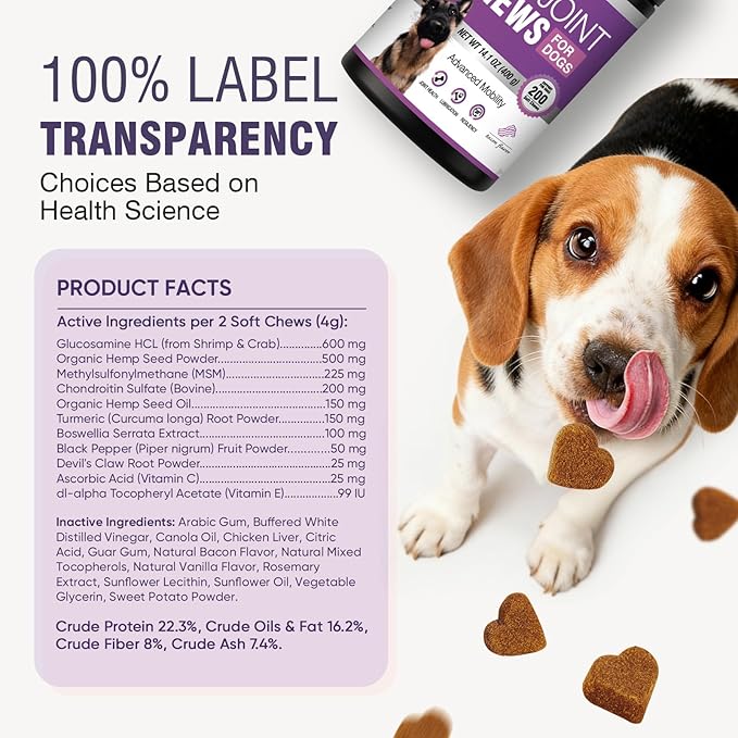 Glucosamine for Dogs 200pcs Joint Support Supplement Dog Hip and Joint Chondroitin Chews Treats with MSM Hemp Dog Joint Pain Relief Mobility Supplements Bacon Flavor Fit All Large Small Medium Breed