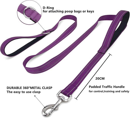 6 FT Dog Leash with 2 Padded Handle Nylon Reflective Dogs Leashes for Small Medium Large Dogs Purple