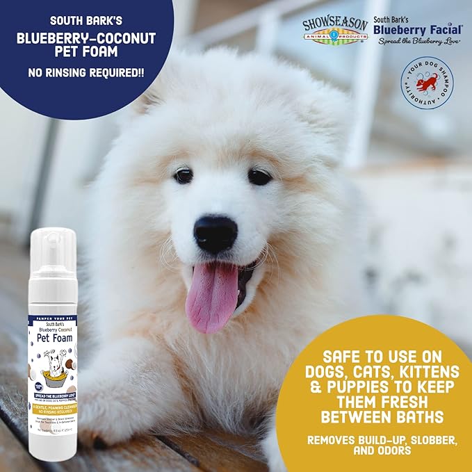 Showseason Blueberry-Coconut Pet Face Foam Cleanser for Dogs and Cats 8.5 oz. | No Rinsing Required, Easy Cleaning, Biodegradable and Non-Toxic, Made in The USA