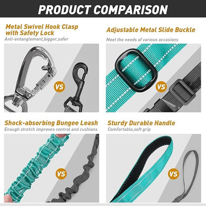 AUBELL Tactical Dog Leash Heavy Duty,4-6ft Reflective Strong No Pull Bungee Leash for Medium Large Dogs with Comfortable Padded Double Handle,Car Seat Belt,360 Degree Rotating Carabiner,Teal