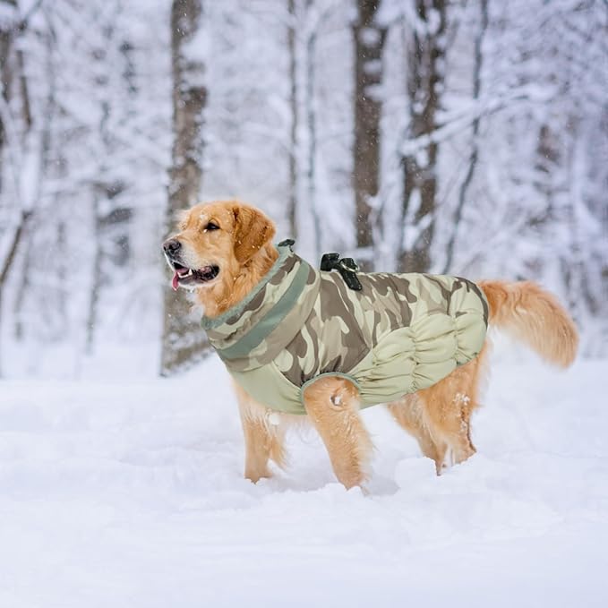 Lelepet Warm Dog Winter Coat Dog Coats for Large Dogs Waterproof Dogs Jacket with Harness Built in Reflective Cold Weather Coats Windproof Zip-Up Winter Fleece Vest Snowsuit Pitbull Desert Camo XXL