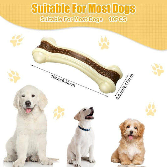 Sosation 10 Pcs Dog Chew Toys for Aggressive Chewers Nylon Beef Flavor Dog Bones Tough Puppy Teething Toys Puppy Chew Bones for Large/Medium/Small Breed Dogs Puppies Pets Chew Toys (6.3 x 2.17 Inch)